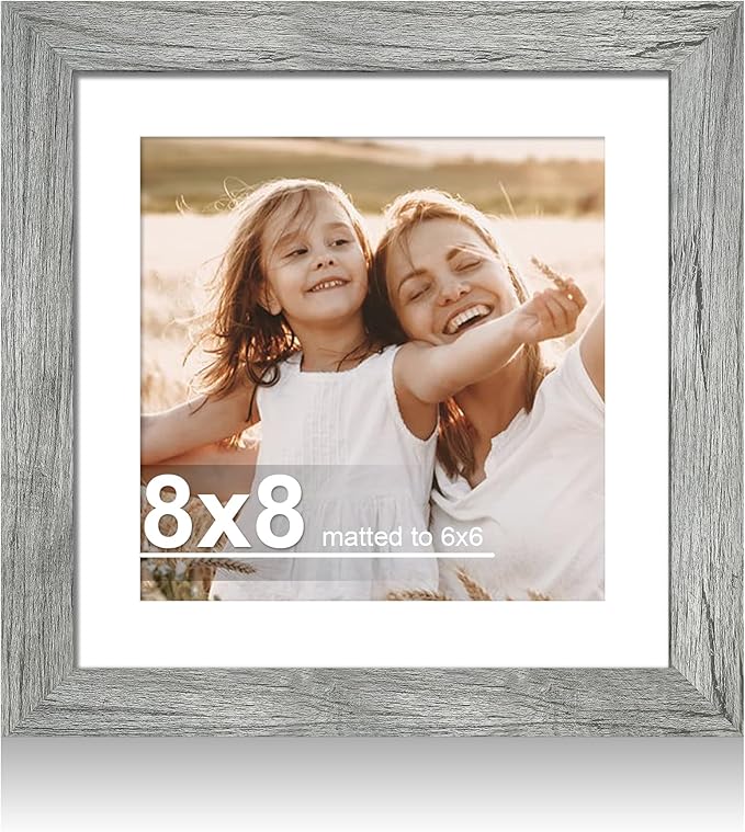 8x8 Picture Frame with Glass, Display Pictures 6x6 with Mat or 8 x 8 without Mat - Wall and Tabletop, 8 by 8 Photo Wooden Frames (Grey, 1 Pack)
