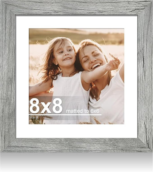 8x8 Picture Frame with Glass, Display Pictures 6x6 with Mat or 8 x 8 without Mat - Wall and Tabletop, 8 by 8 Photo Wooden Frames (Grey, 1 Pack)