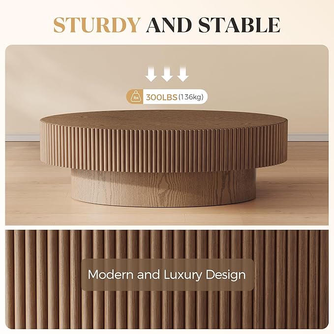 Oval Wood Coffee Table, Modern Fluted Coffee Table for Living Room, Veneer Handcrafted Relief 43.7" Olive-Shaped Tea Table with Sturdy Pedestal，Easy Assembly - Walnut