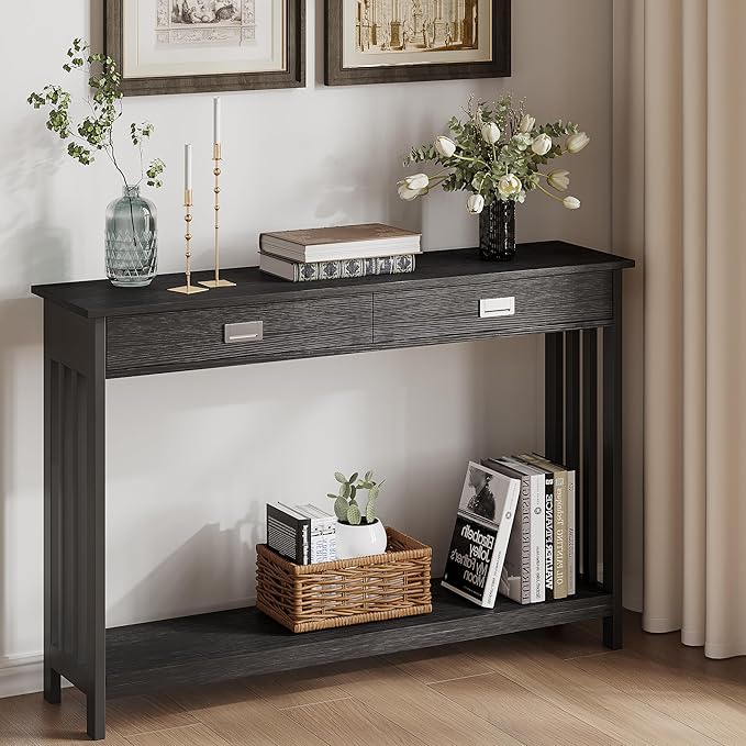 ChooChoo Mission Long Entryway Table with Drawer, Narrow Console Sofa Table with Storage, for Entryway, Living Room and Hallway, 47 Black