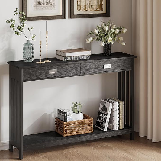 ChooChoo Mission Long Entryway Table with Drawer, Narrow Console Sofa Table with Storage, for Entryway, Living Room and Hallway, 47 Black