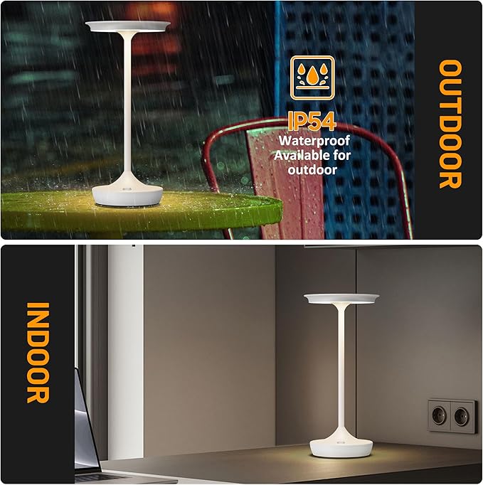 YHT Cordless Rechargeable Table Lamps, Portable 6000mAh Battery Desk Lamp Waterproof 3 Color Stepless Dimming LED Table Light with Memory Function for Outdoor/Dinning/Patio/Restaurant (White 2Pack)