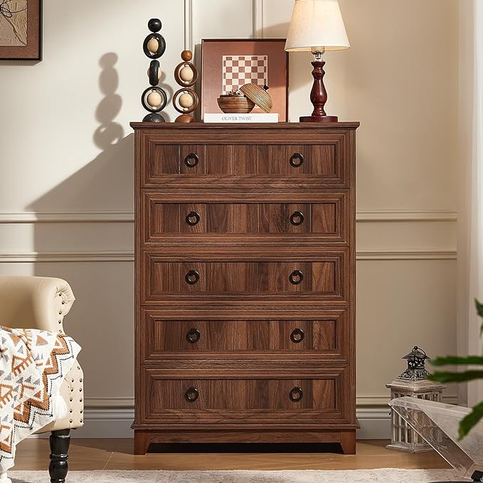 Farmhouse 5 Drawer Dresser for Bedroom Set of 2, 42.5" Tall Small Dressers & Chest of Drawers, Rustic Wood Dresser with Metal Handle, Storage Organizer Closet for Living Room, Hallway,Entryway