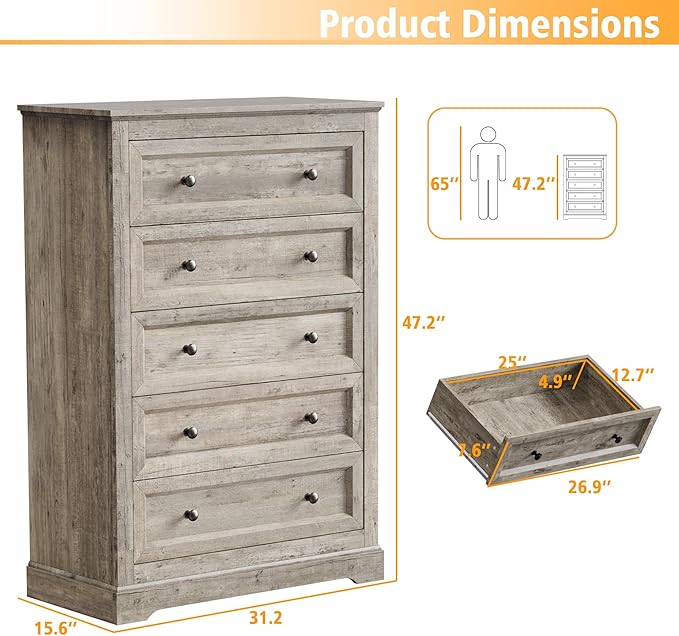 KIGOTY Dresser for Bedroom with 5 Drawers, Tall Wood Chest of Drawers, 5 Drawer Dresser Cabinets, Farmhouse Closet Clothes Organizer, Storage Cabinet with Metal Handles for Living Room (Grey)