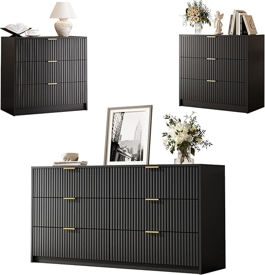 3-Piece Dresser Bedroom Set, 6 Drawer Dresser & 3 Drawer Nightstands with Gold Handles, Fluted Wood Chest of Drawers for Bedroom, Living Room, Entryway, Black