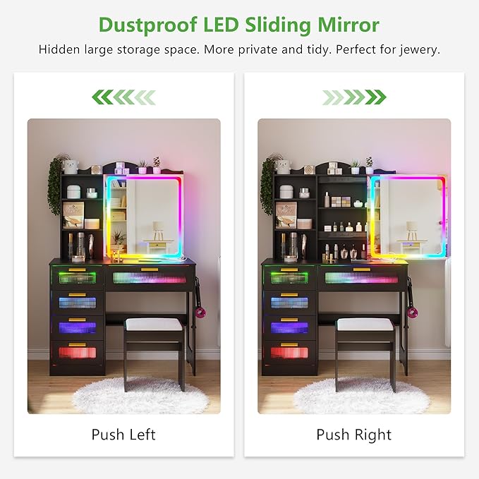 HNEBC Vanity Desk with Sliding Mirror and LED Lights, RGB Vanitys with Charging Station, Makeup Vanitys with Remote Control, White Dresser with Stool/Lager Drawers for Bedroom (Black)