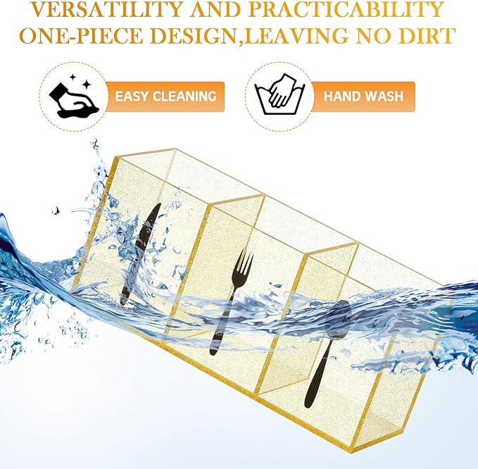 Suzile Acrylic Cutlery Storage Organizer Bin Silverware Caddy Countertop Knife Spoon and Fork Holder Kitchen 3 Section Tableware Storage Box for Cabinet Indoor Home Flatware Dining Room(Gold Pink,M)