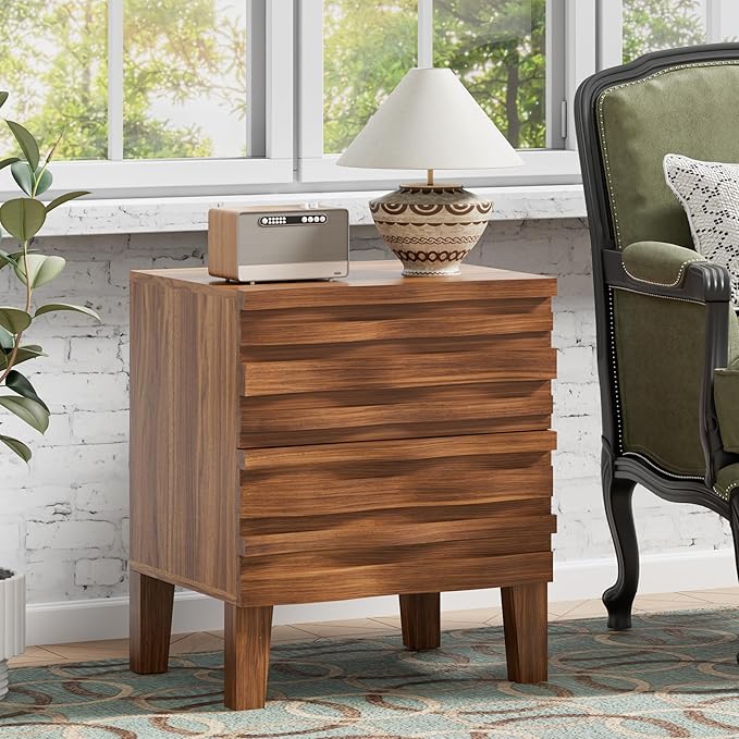UEV Solid Wood Nightstand, 19.7" W Boho Nightstand with 2 Drawers, Fluted Wood Night Stand, Mid Century Modern Bed Side Table for Bedroom,Living Room, Natural Wood