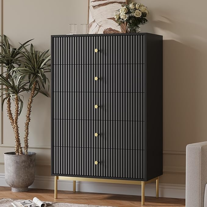 5 Drawer Dresser for Bedroom, Tall Dresser Chest of Drawers with Gold Handles, Wood Storage Cabinet for Bedroom, Black