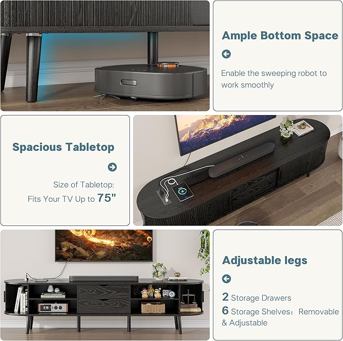 Alohappy 69" Mid Century Modern TV Stand with Charging Station, Farmhouse Curved Edge TV and Media Console Table with Drawer and Shelf, Fluted Entertainment Center for Living Room, Bedroom, Black