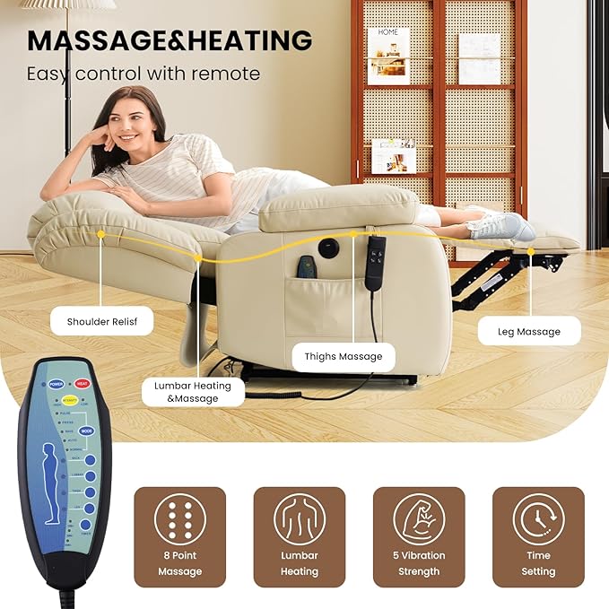 TEKAMON Power Lift Recliner Chair for Elderly with Heat & Massage, Dual Motor Breathable Leather Recliner, Lay Flat Sleeping Chairs with Infinite Position, RemoteControl & USB Ports(Beige)