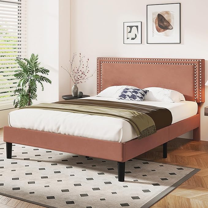 VECELO Queen Size Bed Frame with Adjustable Upholstered Headboard, Wooden Slats Platform, Noise-Free Design, Easy Assembly