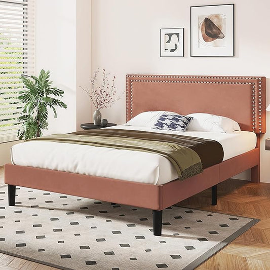 VECELO Queen Size Bed Frame with Adjustable Upholstered Headboard, Wooden Slats Platform, Noise-Free Design, Easy Assembly