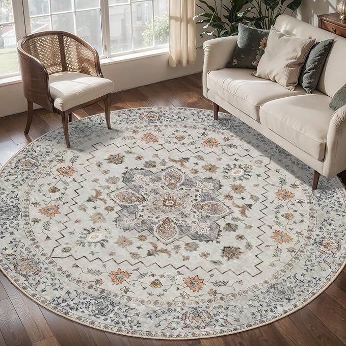 Tangsoo Vintage Round Rug 4ft Washable Circle Rug, Non Slip Small Boho Round Rug, Low Pile Circular Rugs, Round Carpet for Bedroom,Entryway,Nursery,Dorm,Kitchen,Taupe