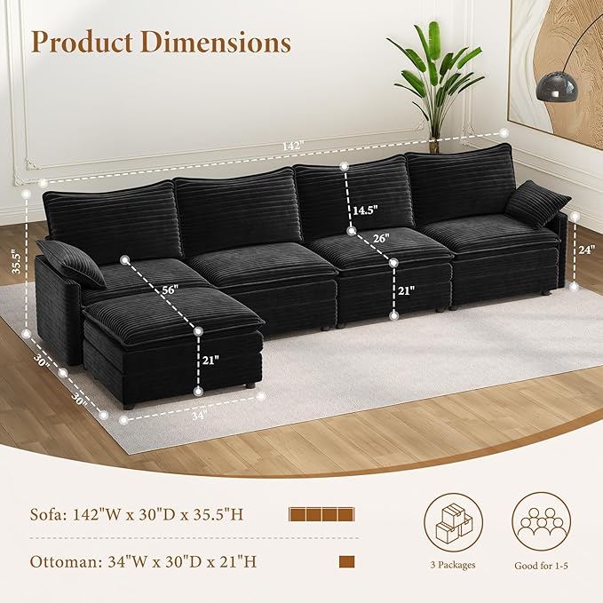 Vesgantti 142" Cloud Couch Sectional Modular Sofa, Comfy Sectional Couch with Ottoman Deep Seat Corduroy L Shaped Sofa, Modular Couches for Living Room, Bedroom and Apartment, Black