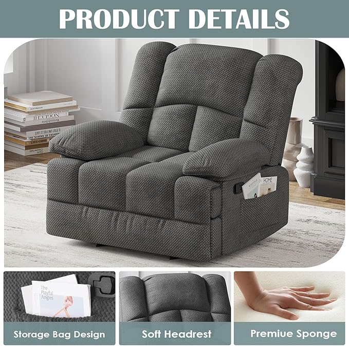 Oversized Rocker Recliner Chair, Wide Rocker Chair with Adjustable Backrest Footrest, Oversized Recliner for Adults, Cashmere Reclining Sofa for Living Room, Grey