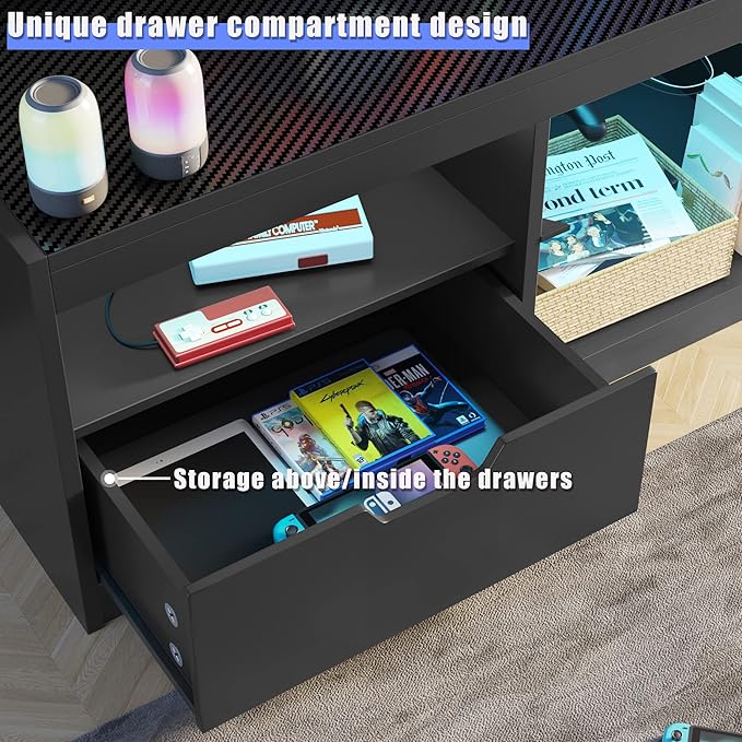 JUMMICO TV Stand, Entertainment Center LED Gaming TV Stand for 65+ Inch TV Carbon Fiber Top, Dynamic RGB Modes TV Cabinet Console with Adjustable Glass Shelves Storage Drawers (Black)