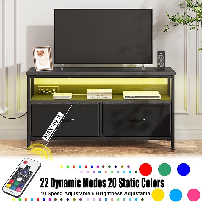 39" Dresser TV Stand for TVs up to 50", Media Console with LED Lights, Charging Station & 2 Drawer Storage Chest, Gaming Entertainment Center with Storage for Bedroom (Black, 39 in)