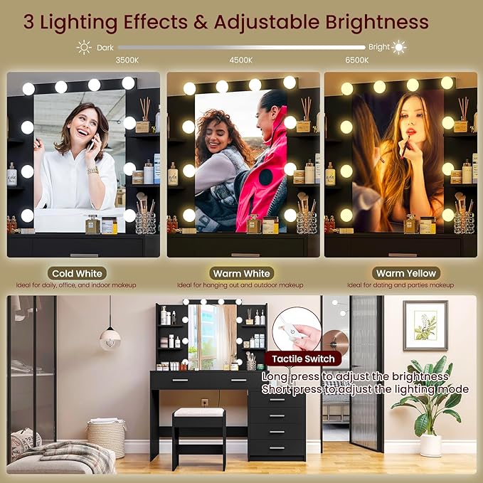 Vanity Desk with Mirror & Lights, Makeup Vanity with 6 Drawers, 6 Open Shelves and Power Outlet, 48” Storage Makeup Vanity Desk with Stool Bench for Women, Girls, Bedroom, Black