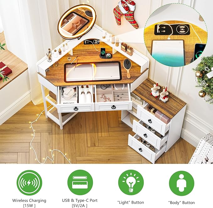 Corner Vanity Desk with Lighted Rotating Mirror and Lights, Glass Top Makeup Vanity with Corner Shelf&5 Drawers, Girls Vanitys with Charging Station,Jewelry Organizers for Bedroom,White