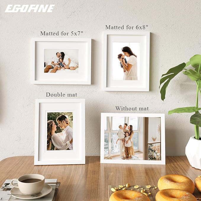 Egofine 9x12 Picture Frame Made of Solid Wood White Covered by Plexiglass, Wood Frame for Pictures 5x7 / 6x8 with Mat or 9x12 without Mat, Tabletop and Wall Mounting Display