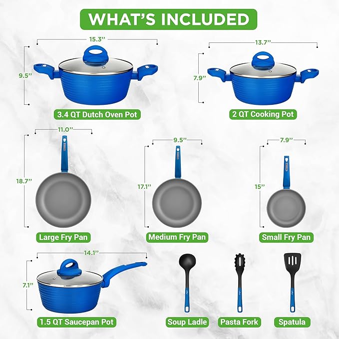 NutriChef 12-Piece Nonstick Kitchen Cookware Set - PFOA/PFOS-Free Heat Resistant Lacquer Kitchen Ware Pots Pan Set Light Gray/Blue - Saucepot, Pans, Cooking Pot Oven Pot, Lid, Utensils