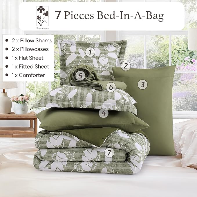 Queen Comforter Set -7 Pieces Botanical Olive Green Comforter for All Seasons, Bed in a Bag Queen with Flowers Floral Comforter, Sheets, Pillowcases & Shams