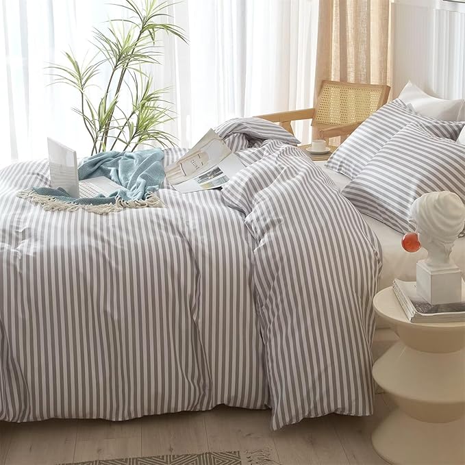 mixinni Striped Comforter Set Twin XL Size - Grey White Stripes Pattern Bed Set for Women and Men, 3 Pieces Lightweight Bedding Comforter Sets for All Seasons (1 Soft Fluffy Comforter + 2 Pillowcases)