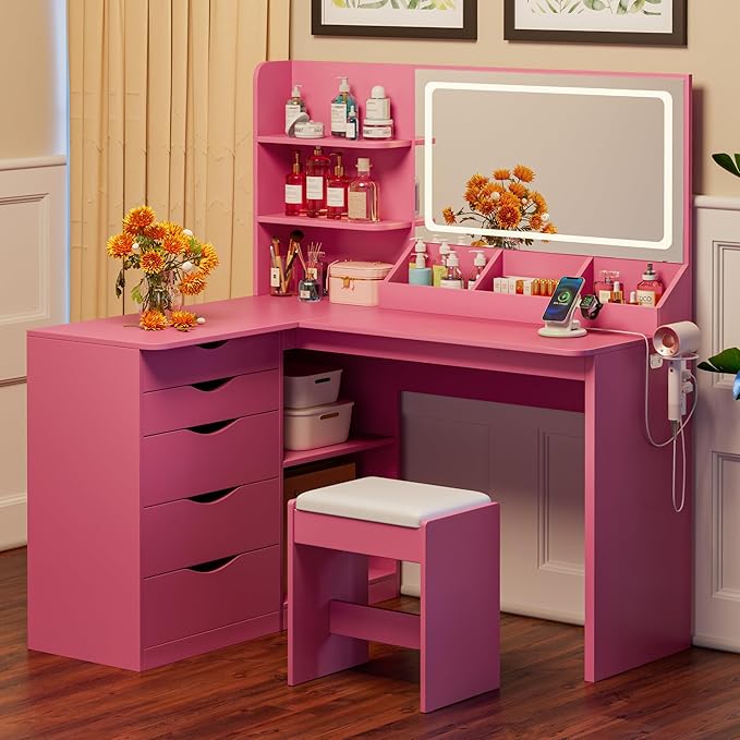JUMMICO Makeup Vanity Desk with Mirror and Lights, L- Shaped Vanity, Modern Vanity Table with 5 Drawers & Adjustable Shelves, Power Outlet with Fast Charging, for Bedroom (Pink)