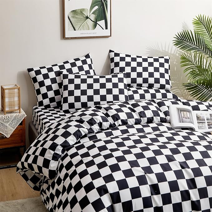 CLOTHKNOW Black White Plaid Full Size Comforter Sets 3Pcs Grid Bedding Comforter Sets Black White Comforter Soft Checkered Comforter with 2 x Pillow Cases