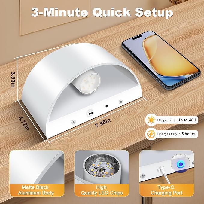 2 Pack Battery Operated Wall Sconce with Remote Control,No Hardwired White Aluminum Wall Sconces Set of Two,50W Equivalent Battery Wall Light,3000K-6500K Dimmable Wall Sconces