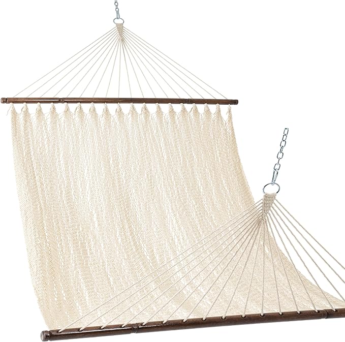 Lazy Daze Hammocks 10.5 FT Double 2 Person Caribbean Rope Hammock, Hand Woven Polyester Hammock with Spreader Bars, for Outside Outdoor Backyard Patio Poolside,450 LBS Capacity, Cream