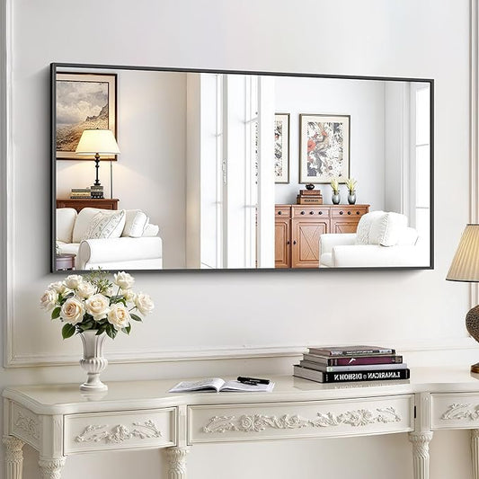 KOCUUY 24x48 Inch Large Black Wall Mounted Mirror,Aluminum Framed Decorative Rectangular Bathroom Mirror for Wall Over Sink,Vanity Mirror for Bedroom Living Room Bathroom,Functional Oversized Mirror