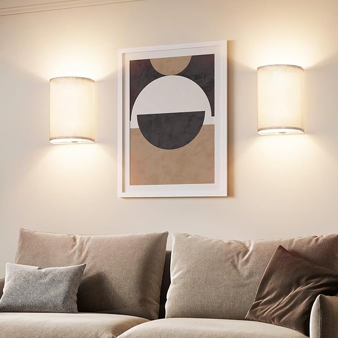 Battery Operated Wall Sconces Set of Two, Wall Lamp with Remote, 3 Colors Dimmable Fabric Wireless Sconces Wall Decor Set of 2 with Timer for Bedroom Living Room