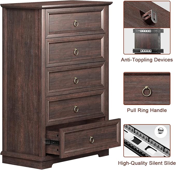 5 Drawer Dresser, Chest of Drawers with Double Anti-Tip, Modern Tall Dresser Organizer for Bedroom, Living Room & Hallway – Easy Assembly Storage Cabinet, Espresso