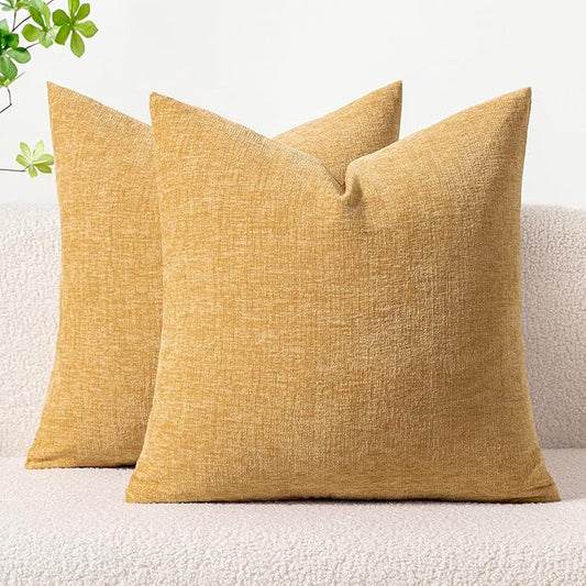 MIULEE Pack of 2 Couch Throw Pillow Covers 16x16 Inch Soft Beige Yellow Chenille Pillow Covers for Sofa Living Room Solid Dyed Pillow Cases
