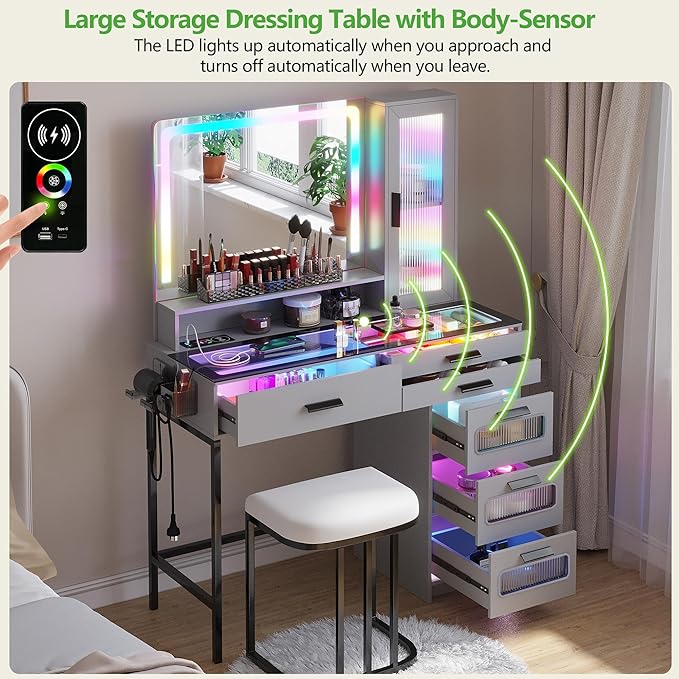 HENBC Vanity with Mirror and LED Lights, Glass Top Vanity Desk with Charging Station(Wireless+USB+Type-C), RGB Makeup Table Set with Stool/Makeup Organizer/6 Drawers for Bedroom,Grey