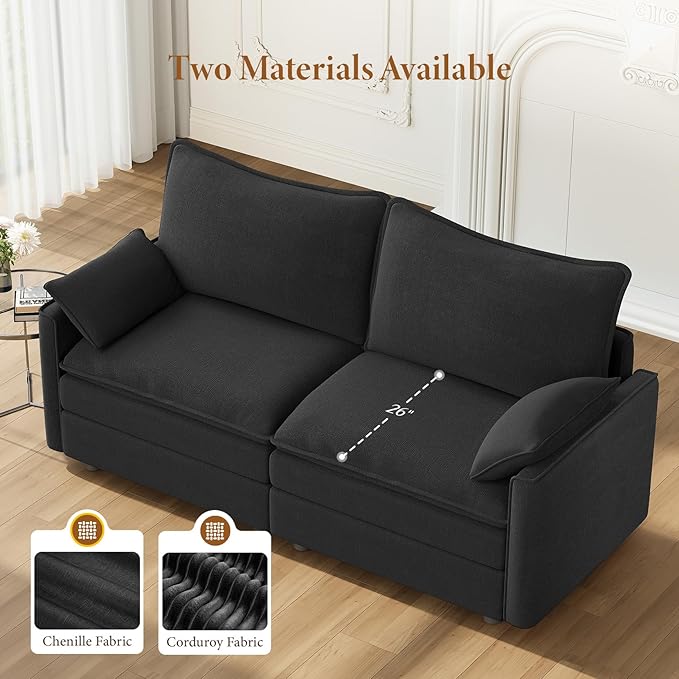 Vesgantti 74" Loveseat Sofa for Living Room, Comfy Cloud Couch Deep Seat Chenille Modern 2 Seater Small Sofa with Armrest Pillow, Easy Assembly for Small Spaces, Black