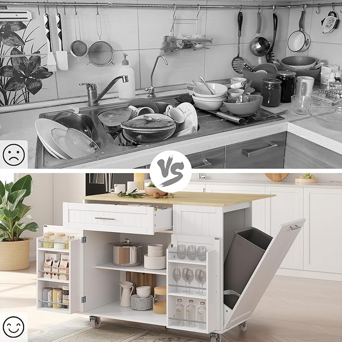Kitchen Island with Storage & Drop Leaf - 43.3" Mobile Kitchen Cart with Wheels, Rolling Kitchen Island with Trash Bin Cabinet & Towel Rack, Rubberwood Top, White Island for Kitchen