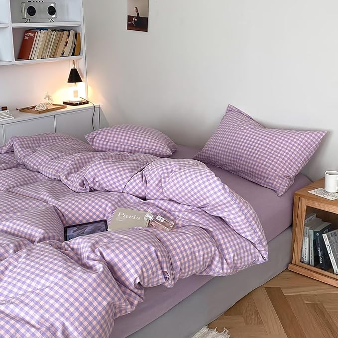 mixinni Purple Gingham Comforter Set Full, Plaid Comforter Set 3 Pieces 1 Purple Grid Comfoter with 2 Pillow Cases for All Seasons, Soft Fluffy Modern Grid Pattern Printed Bedding-Full Size