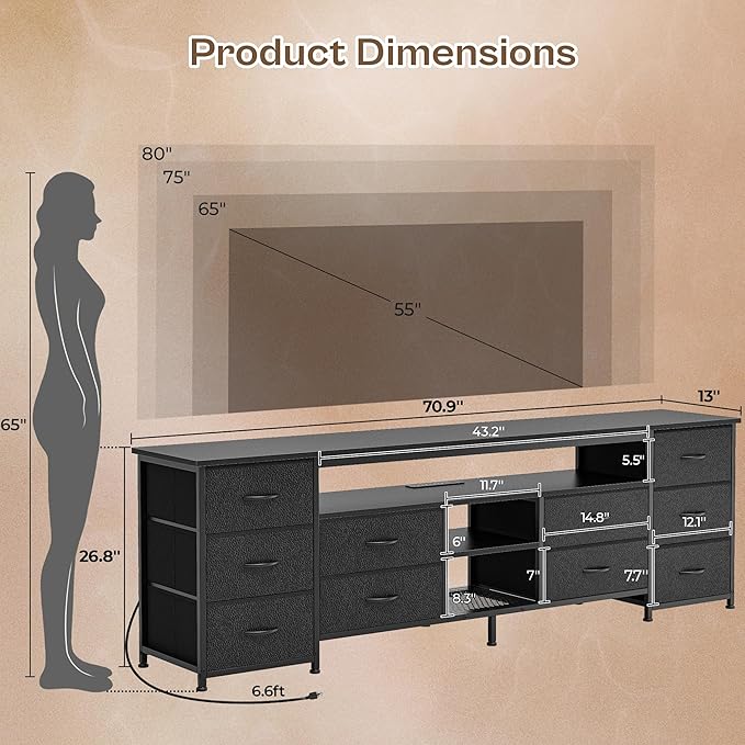Huuger 70.9 Inch LED TV Stand Dresser with Power Outlets, USB-C Port and LED Lights, 10 Fabric Drawer Dresser for Bedroom, Long Entertainment Center for 75, 80 Inch TV, Open Shelves, PU Leather, Black