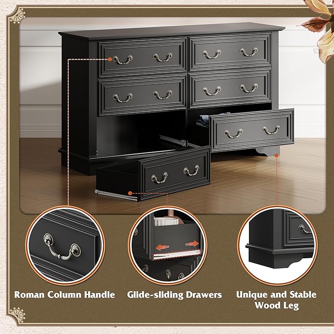 WLIVE Farmhouse Dresser for Bedroom, 51.97'' Wide Wood 6 Drawer Dresser, Chest of Drawers with Roman Metal Handle, TV Stand for 60 inch TV, for Living Room, Hallway, Black