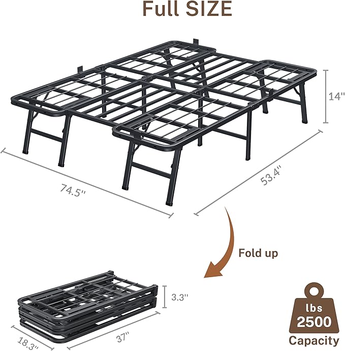 14 Inch Full Metal Bed Frame Folding Bed Frame Tool-Free Assembly Mattress Foundation No Box Spring Needed Platform 2500lbs Heavy Duty Steel Slats, Noise-Free, Easy Assembly, Black