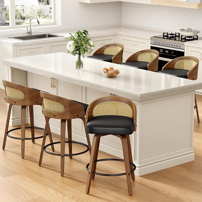 Rattan Bar Stools Set of 6, 26" Swivel Counter Height Bentwood Barstool, Mid-Century Modern PU Leather Upholstered Bar Chair with Back and Footrest, for Kitchen Island, Bar, Dining Room, Cafe
