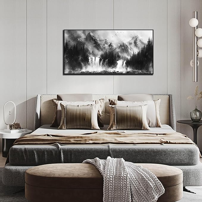 Foggy Forest Wall Art for Living Room - Black and White Art Wall Decor for Office - Framed Artwork for Walls Size 20" x 40"