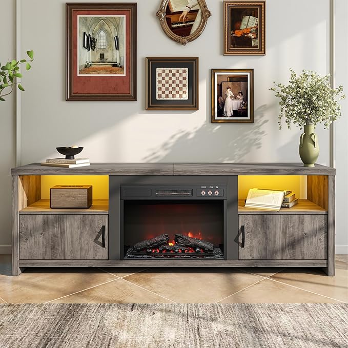 Bestier 70" Electric Fireplace TV Stand for TVs Up to 80", Modern Fireplace Entertainment Center with Storage Cabinets, LED Lights, Open Shelves and Cable Holes for Living Room, Grey