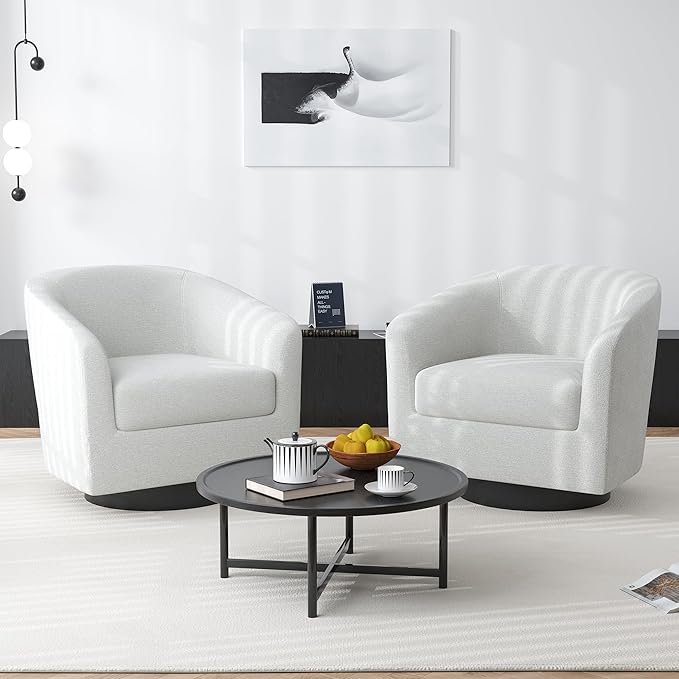 Swivel Barrel Accent Chair, Modern Round Chenille Fabric Arm Chair for Living Room, Bedroom, Comfy Club Reading Chairs for Adults（Chenille Fabric, Beige, Set of 4