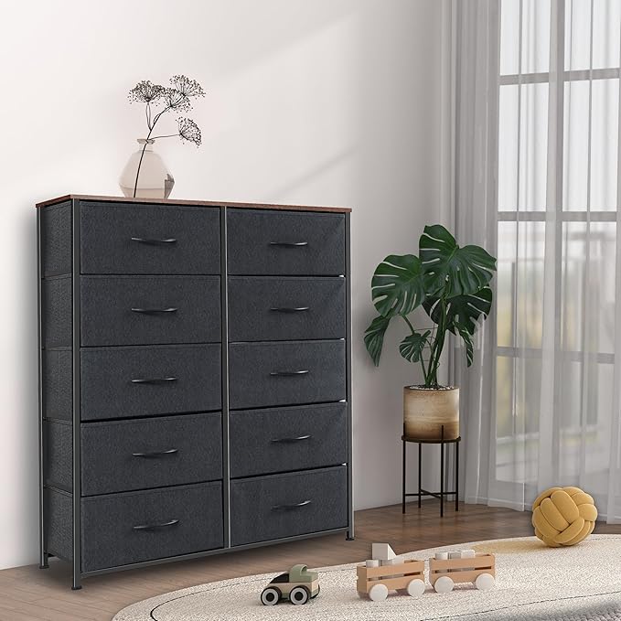 Dresser for Bedroom with 10 Drawers, Chest of Drawers, Storage Drawers Organizer Unit, Black Wide Fabric Dresser with Fabric Bins for Closet, Living Room, Entryway (Black and Rustic Brown)