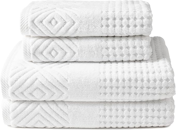 Texere 100% Organic Cotton Diamond Jacquard 700 GSM Luxury Bath Towel Sets - Ultra Soft and Absorbent Hotel and Spa Quality (Diamond, Bright White, 2 Bath & 2 Hand Towels)