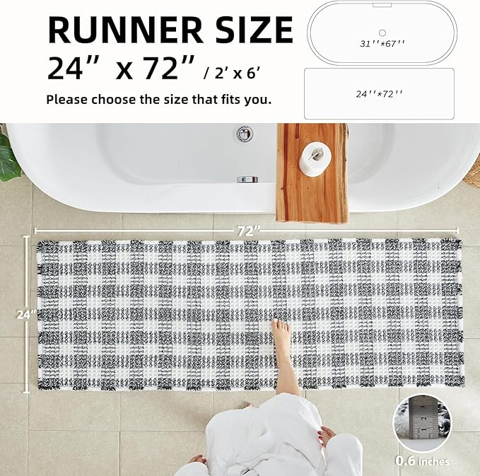 Waffle Runner Rug Bathroom, Long Boho Bathroom Rugs Non Slip Washable Absorbent Checkered Bathroom Mat Quick Dry Farmhouse Bath Mat, 72"x24" Black and White